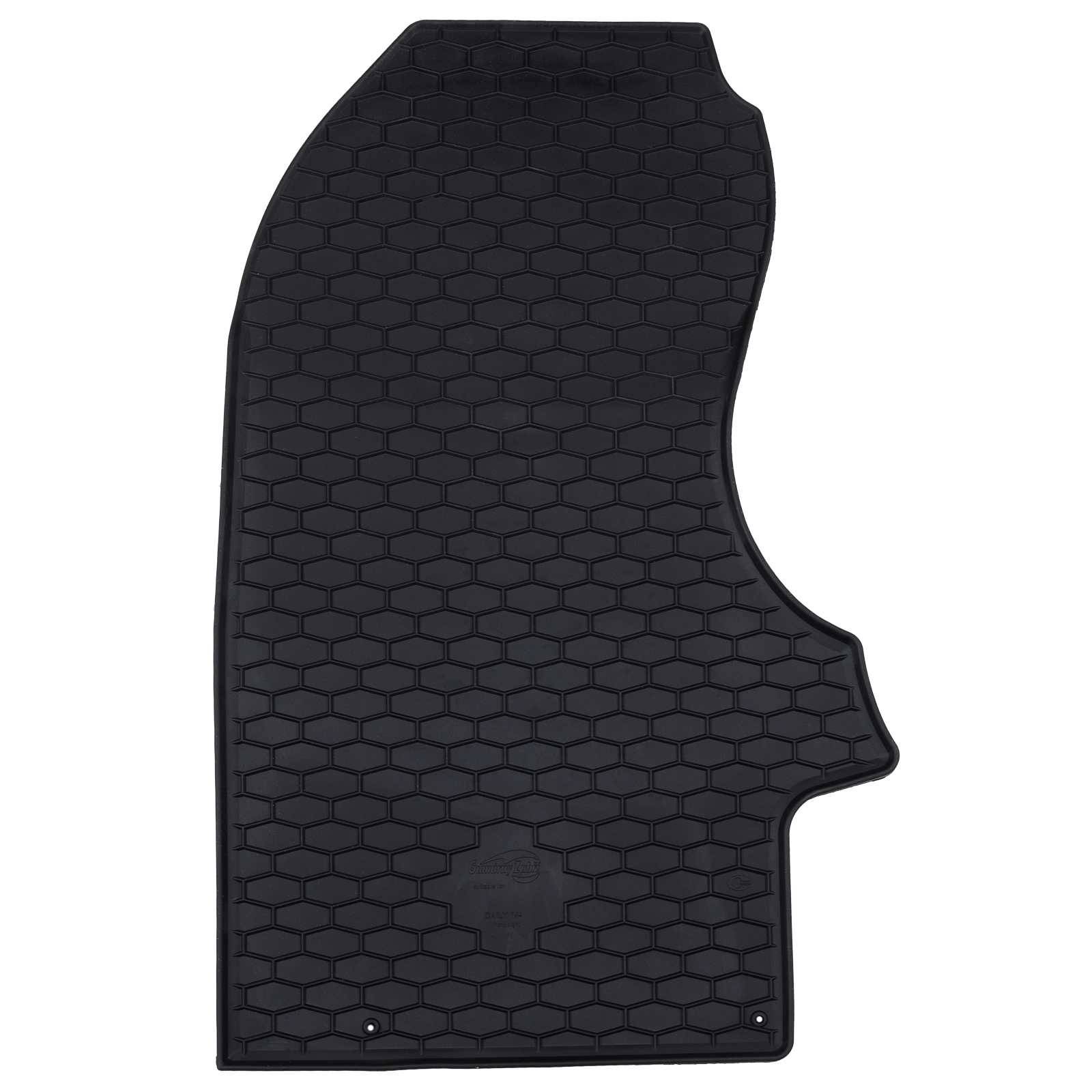 Autofußmatte mit hexagonalem Muster, für die Fahrerseite ausgelegt. Hergestellt aus haltbarem schwarzem Gummimaterial.