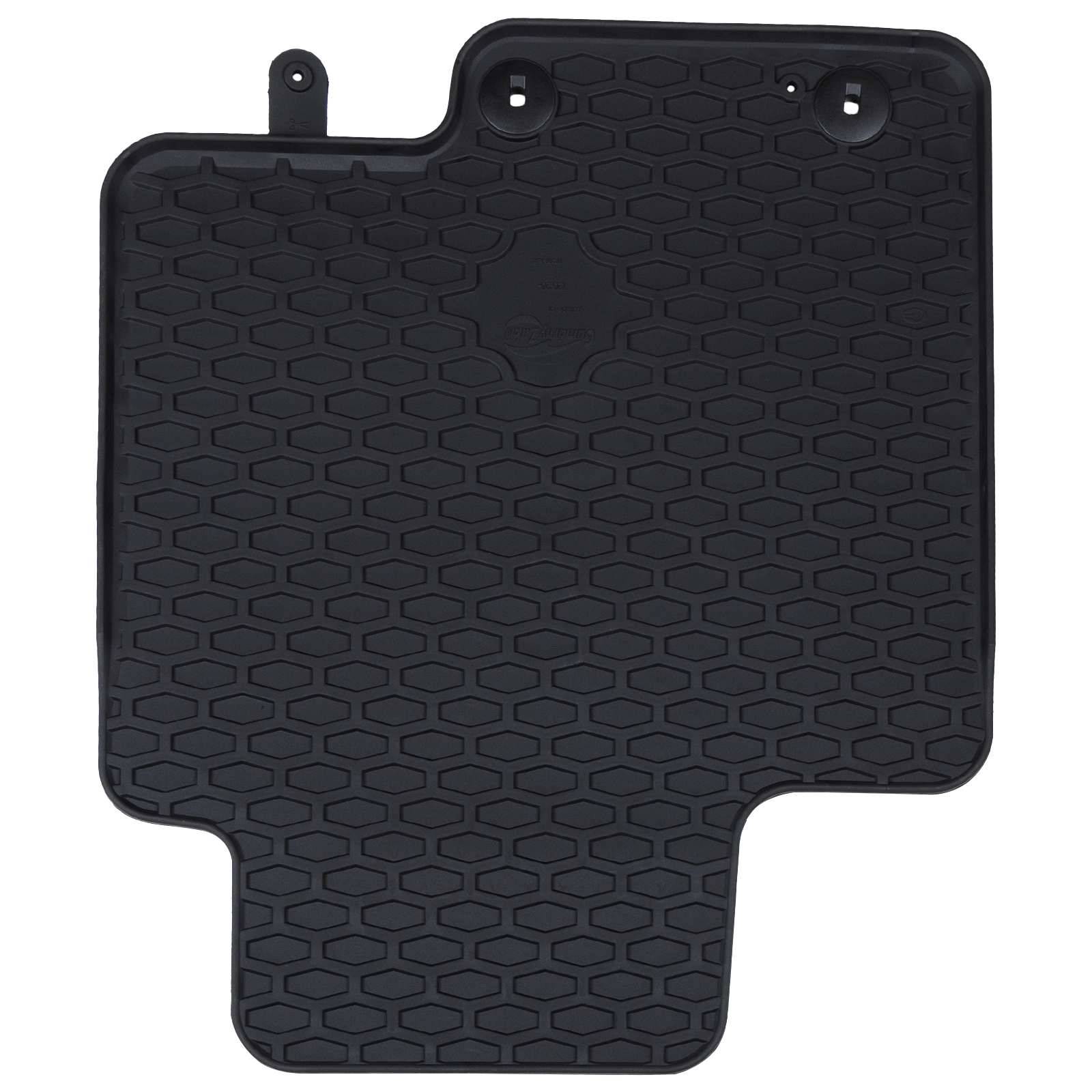 Schwarze Gummiauto-Fußmatte mit Wabenmuster und Löchern zur sicheren Befestigung.