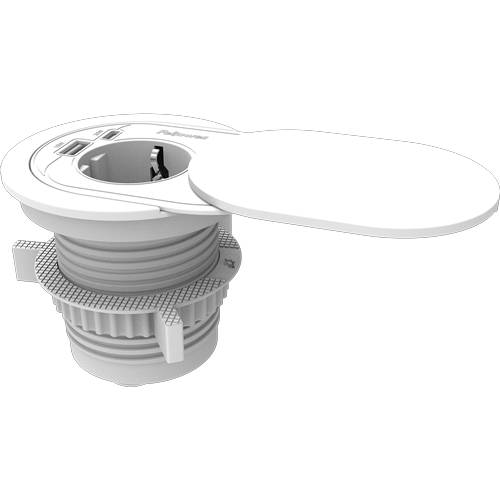 Eine weiße Kunststoff-Entwässerungssystemkomponente mit verstellbarem Höhenmechanismus und Abdeckdeckel, verwendet für Sanitärinstallationen.