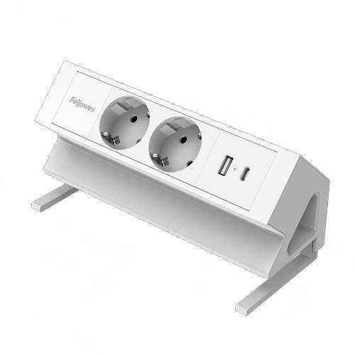 Schreibtisch-Strommodul mit zwei europäischen Steckdosen, einem USB-A-Anschluss und einem USB-C-Anschluss in elegantem, abgewinkeltem Design zum komfortablen Laden.