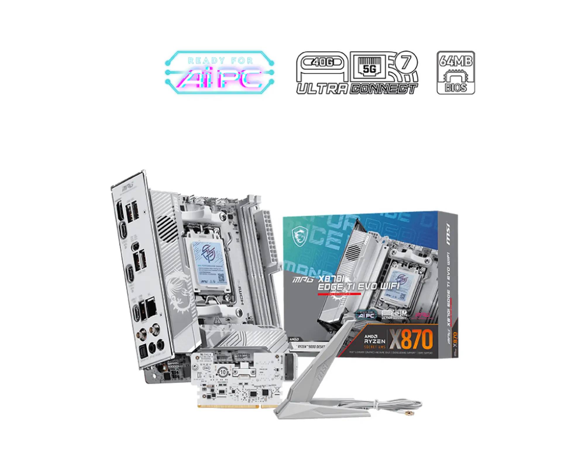 Motherboard-Verpackung und Komponenten für MSI MPG X670E Carbon WiFi mit hochmoderner Konnektivität und fortschrittlichen Gaming-Funktionen.