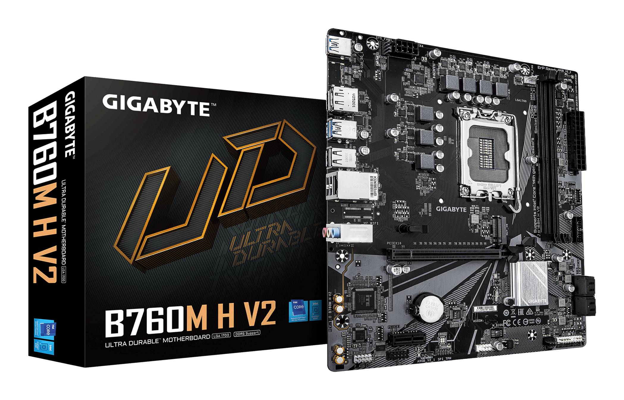 Das Motherboard 'GIGABYTE B760M D3H V2' wird neben seiner Verpackung angezeigt. Die Box hebt 'Ultra Durable' hervor und betont Qualität und Zuverlässigkeit.
