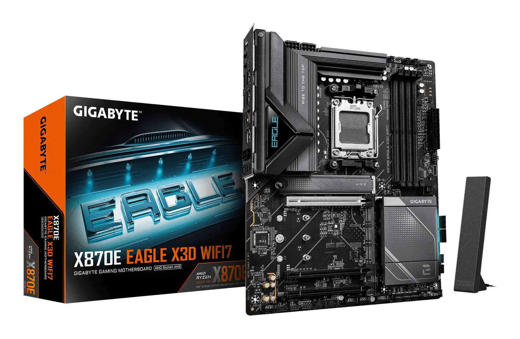 Ein Gigabyte X370DE Eagle X3D WiFi7 Gaming-Motherboard wird neben seiner Verpackung angezeigt und hebt ein fortschrittliches Chipset-Design hervor.
