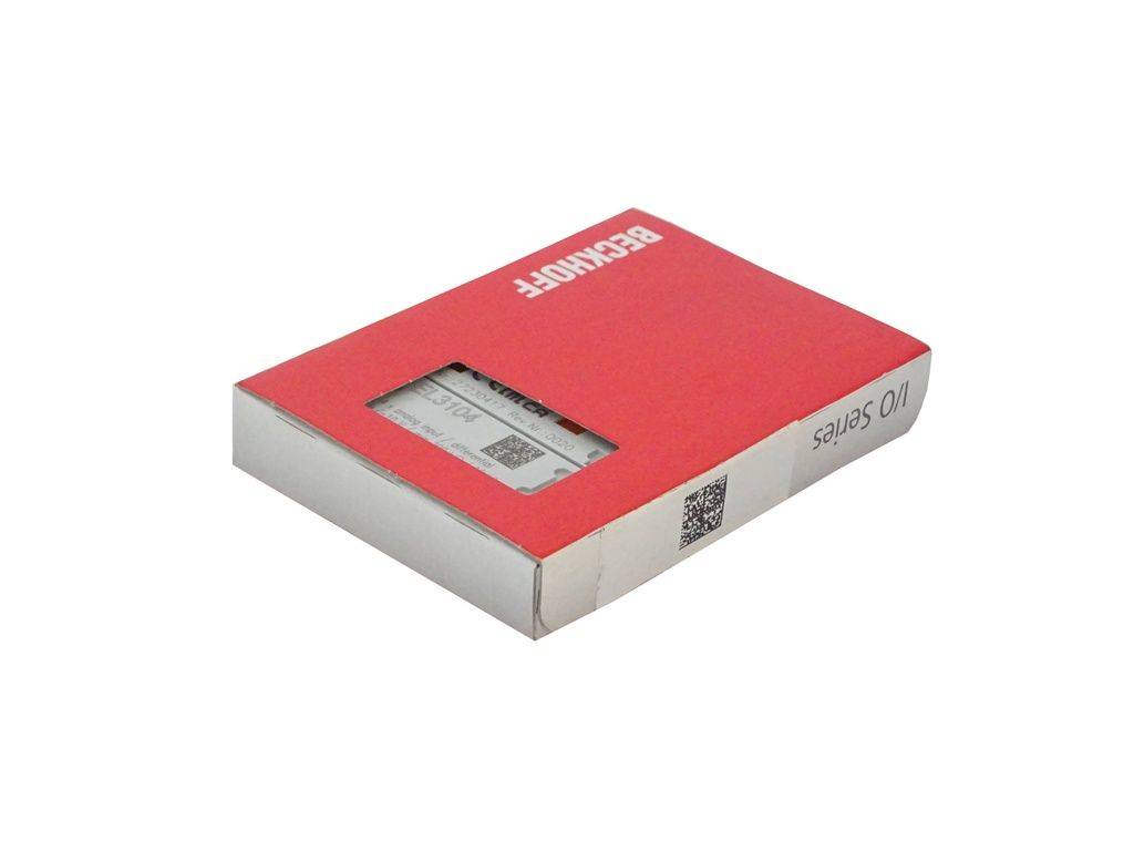 Ein rot-weißer BECKHOFF 110er-Kasten mit QR-Code auf der Seite, entwickelt für die Verpackung eines elektronischen Produkts.