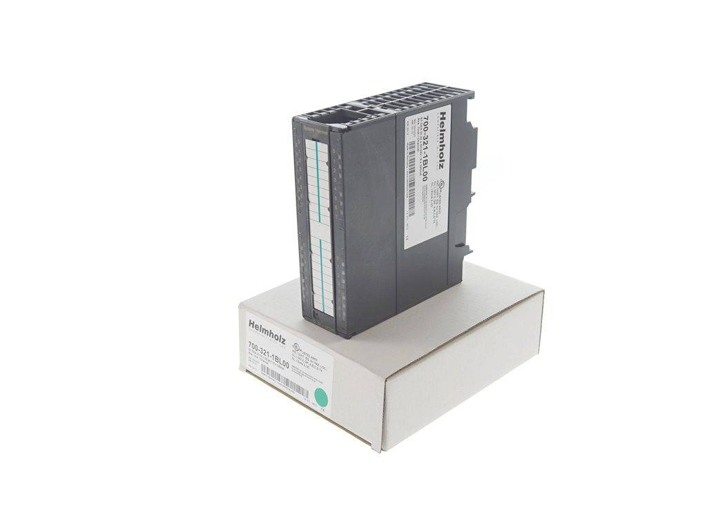 Ein Helmholz 708-2B1.01GB-Modul sitzt oben auf seiner beschrifteten Box und zeigt Anschlussanschlüsse und Produktdetails, geeignet für technische Verwendung.