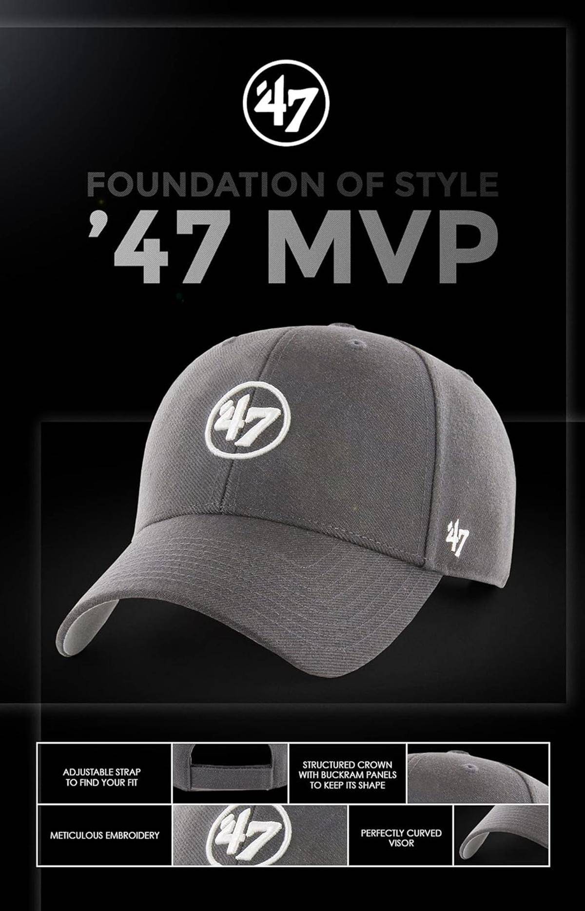 Dunkelgraue Kappe mit '47'-Logo auf der Vorderseite und Seite, mit dem Titel 'Foundation of Style - '47 MVP'. Verfügt über eine strukturierte Krone und eine gebogene Krempe.