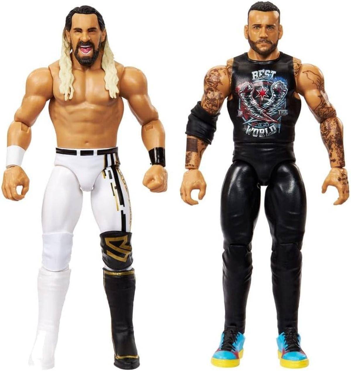 Zwei Wrestling-Actionfiguren: eine mit langem blondem Haar und weißer Hose; die andere mit Tätowierungen und einem schwarzlosen schwarzen Shirt mit der Aufschrift „Best in the World