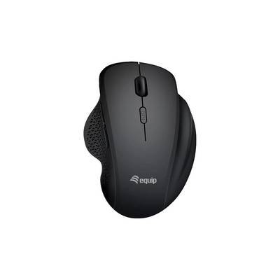 Eine schwarze kabellose Computermaus mit linker und rechter Taste, Scrollrad und einer Textur an der Seite für besseren Halt. Der Markenname 'equip' ist sichtbar.