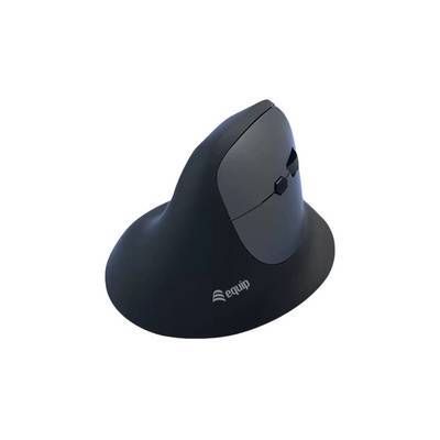 Ergonomische vertikale Maus mit schwarzem und grauem Design, mit der Bezeichnung „equip