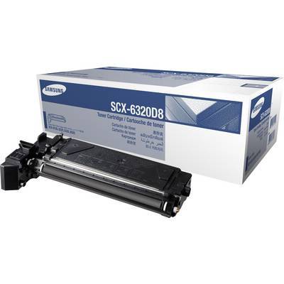 Schwarze Tonerpatrone für Samsung SCX-6320D8-Drucker, dargestellt vor ihrer Verpackungsbox.