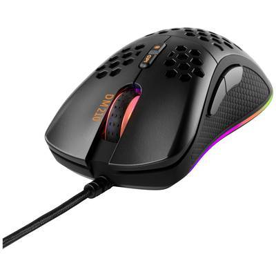 Eine Gaming-Maus mit Wabendesign, RGB-Beleuchtung und kabelgebundener Verbindung, ausgestattet mit einem Scrollrad und einem seitlichen Griff.