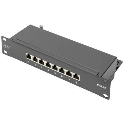 Ein schwarzes Cat-5e-Netzwerk-Patchpanel mit acht RJ45-Anschlüssen, nummeriert von 1 bis 8. Die Anschlüsse werden zur Organisation und zum Verbinden von Ethernet-Kabeln verwendet.