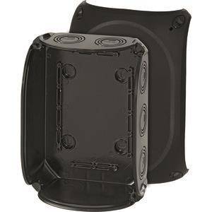 Ein schwarzes Kunststoffgehäuse mit mehreren kreisförmigen Befestigungen auf seiner Oberfläche, typischerweise zum Gehäuse von elektrischen Komponenten oder Geräten verwendet.