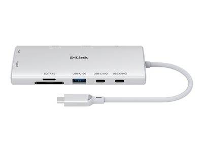 D-Link USB-C-Hub mit mehreren Anschlüssen: SDTF3.0, USB-A 3.0 und zwei USB-C, verbunden über ein Kabel.