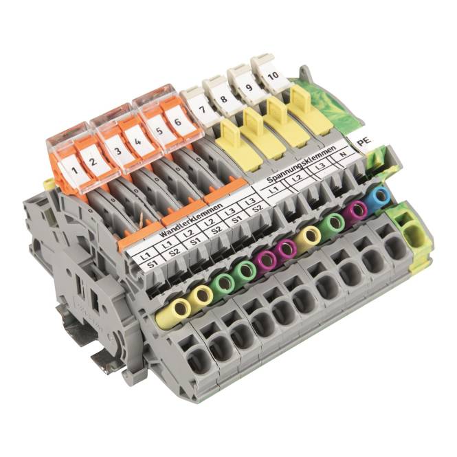 Graues und farbcodiertes Klemmenblock mit den Nummern 1-10 und gekennzeichneten Abschnitten für Spannung und Strom. Wird in elektrischen Verdrahtungssystemen verwendet.