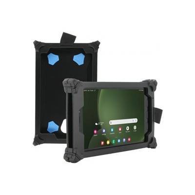 Robustes Tablet mit schützender schwarzer Hülle, das App-Symbole auf einem grün gestalteten Startbildschirm anzeigt. Eine weitere Ansicht zeigt die Designdetails der Hülle.