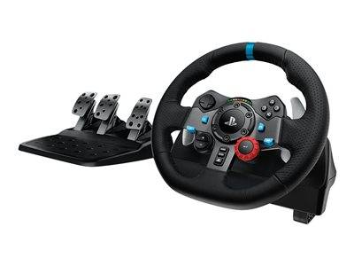 Ein Gaming-Lenkrad und Pedalset für PlayStation mit mehreren Tasten, schwarzem Design und drei Metallpedalen.