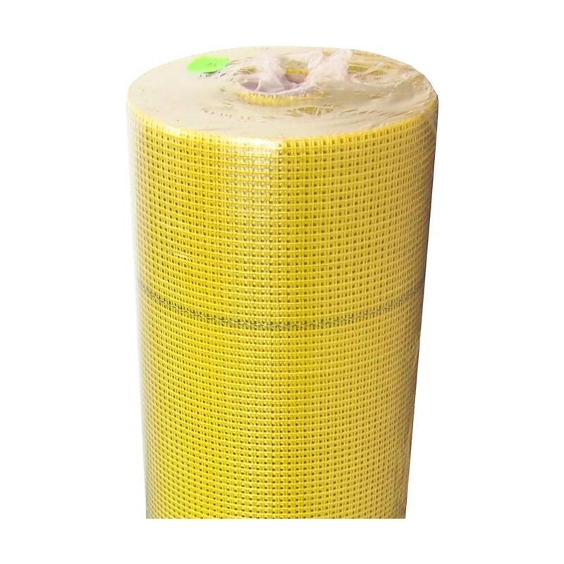 Eine Rolle gelbes Glasfasernetz, das zur Verstärkung von Oberflächen oder Bauanwendungen verwendet wird.