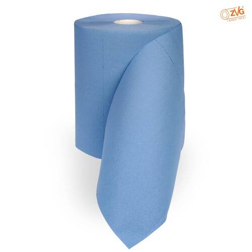 Eine blaue Rolle Industriepapierhandtücher, teilweise abgerollt, zum Reinigen konzipiert.