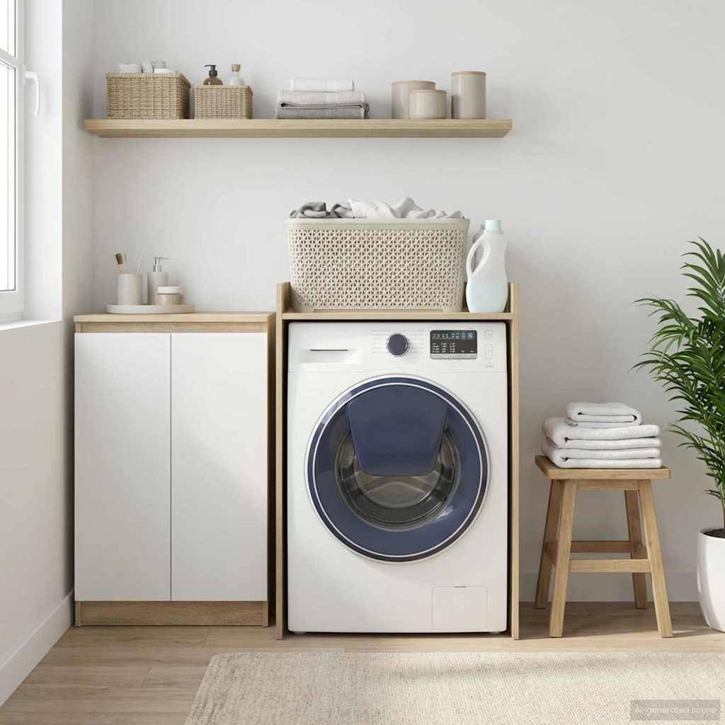 Ein modernes Waschzimmer mit einer Frontladewaschmaschine, einem Schrank, einem Holzhocker mit gefalteten Handtüchern und einem Regal mit Körben.