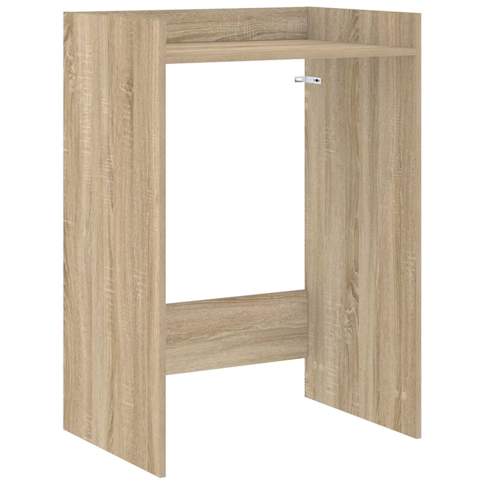 Ein Holztischrahmen mit rechteckigem Design, zwei Seitenpaneelen, einer oberen Ablage und einem horizontalen Trägerbalken darunter.