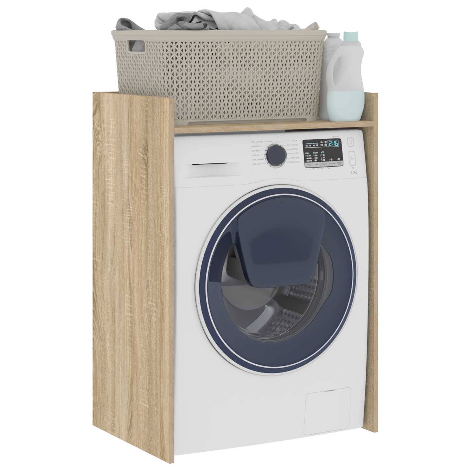 Frontlader-Waschmaschine mit digitaler Anzeige, Holzrahmen-Gehäuse, Wäschekorb und Waschmittelflasche oben drauf.
