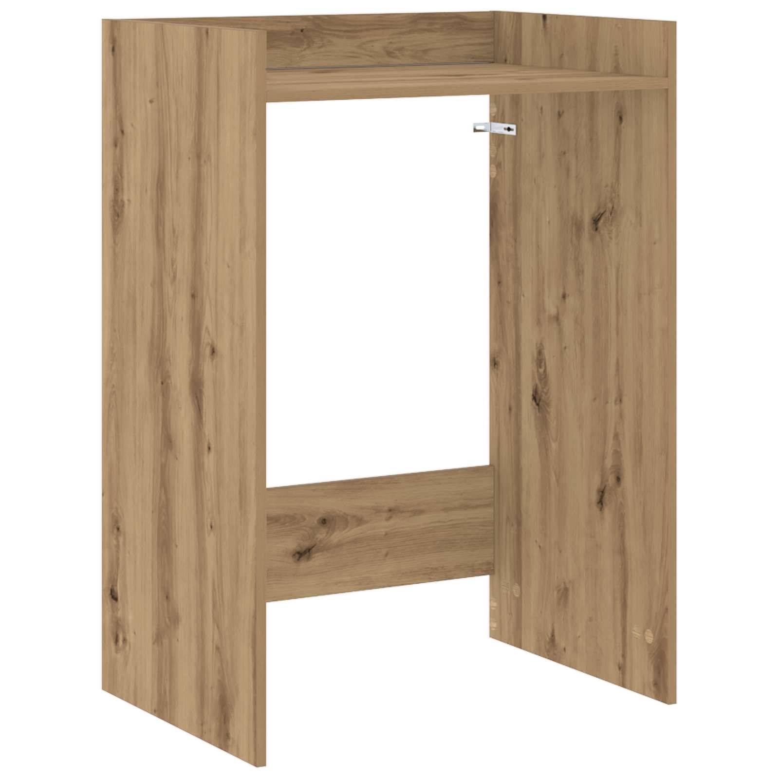 Eine offene Holzschrankstruktur mit einem oberen Regal und einer Metallkleiderstange, ideal zum Aufhängen von Kleidung und minimaler Lagerung, von vorne gezeigt.