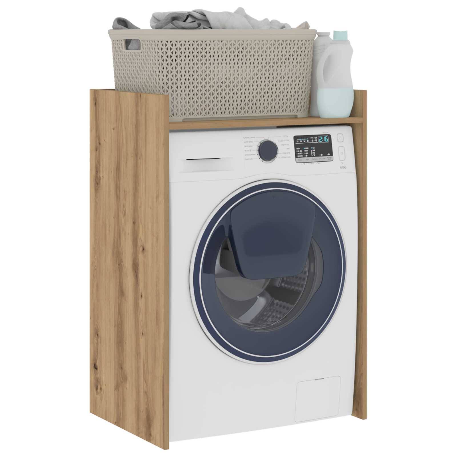 Holzschreibtisch-Aufsatz mit einfachem Design, bestehend aus einem oberen Regal und einem einzigen, breiten horizontalen Platz darunter. Farbe ist hellgrau.