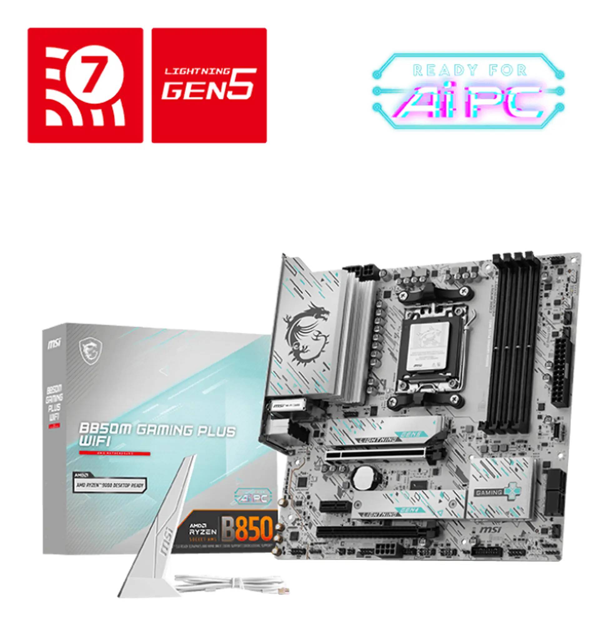 Motherboard mit WiFi-Unterstützung. Bezeichnungen: AMD, Ryzen, Lightning Gen5. Verpackung zeigt Modell B550M Gaming Plus.