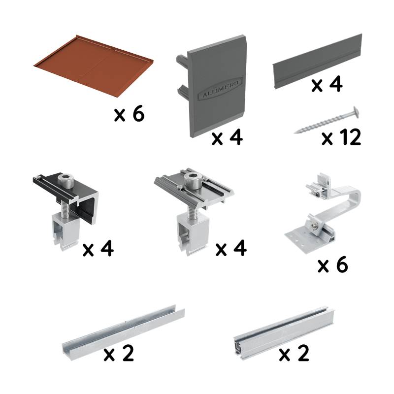 Dachinstallationssatz mit verschiedenen Komponenten: sechs Metallbleche, vier Clips, eine Abdeckung, zwölf Nägel, vier Halterungen, sechs Haken und vier Schienen.