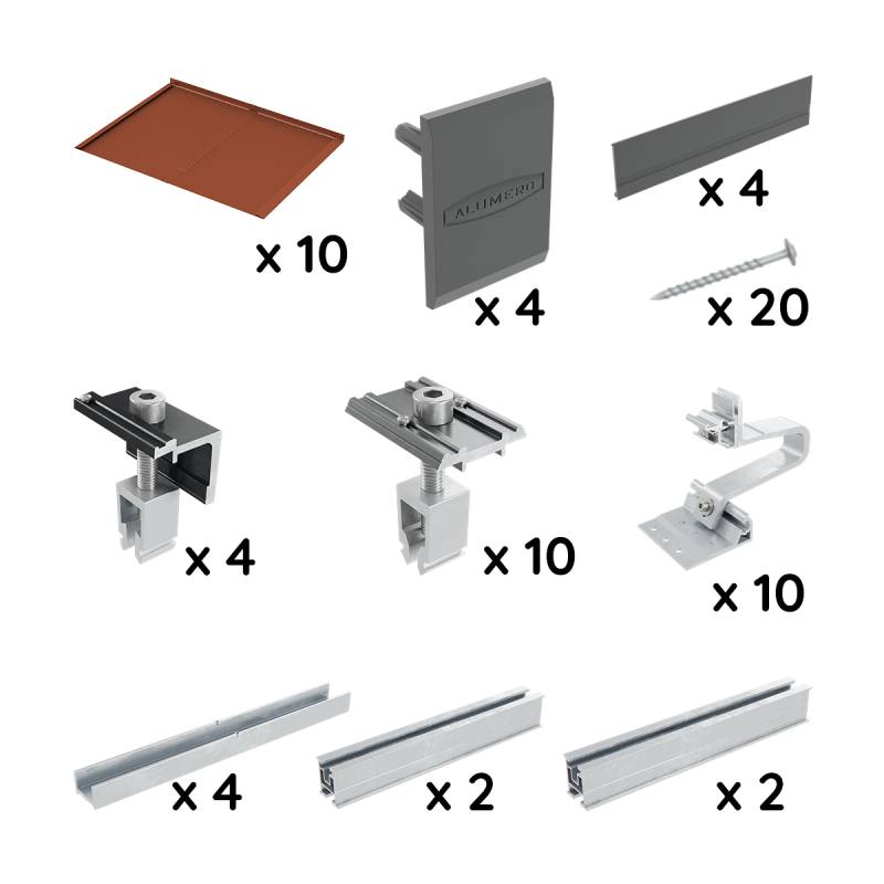 Bild zeigt Komponenten für die Montage von Solarpanelen: Tabletts (x10), Endkappen (x4), Abstandshalter (x4), Nägel (x20), Klemmen (x4), Neigungswinkel (x4), Befestigungsclips (x10) und Schienensegmente (x6).