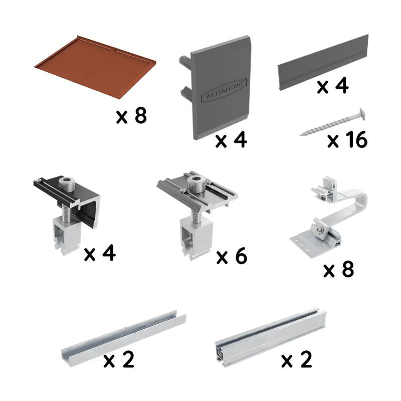 Teile für die Dachinstallation: 8 Dachpaneele, 4 Klemmen mit Logo, 4 Verschlüsse, 16 Schrauben, 4 Seitenklemmen, 6 Mittenklemmen, 8 Halterungen, 2 Schienen, 2 Stützen.