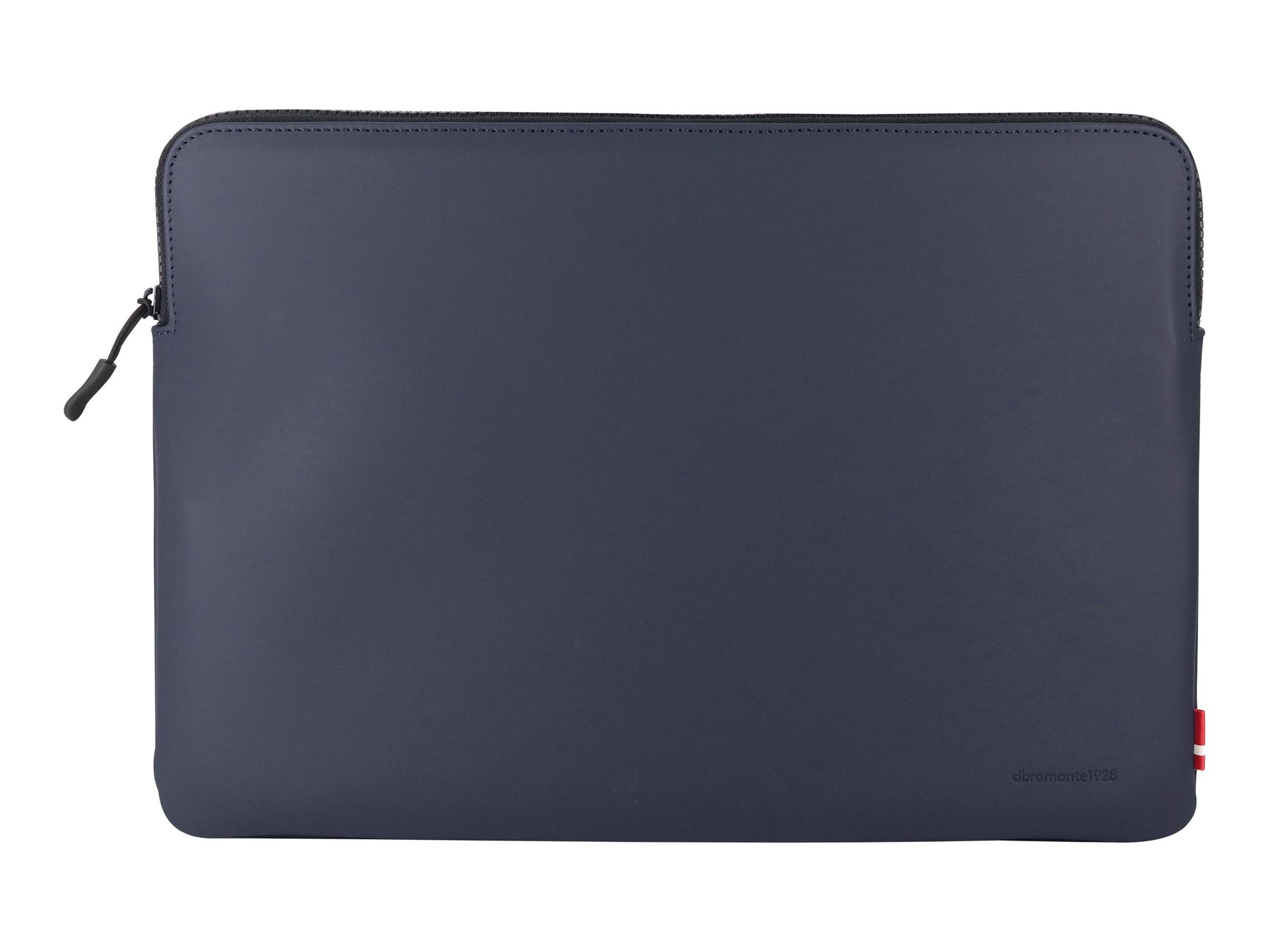 Eine marineblaue Leder-Laptoptasche mit minimalistische Gestaltung, die eine genähte Kontur und subtiles Branding in der unteren rechten Ecke zeigt.