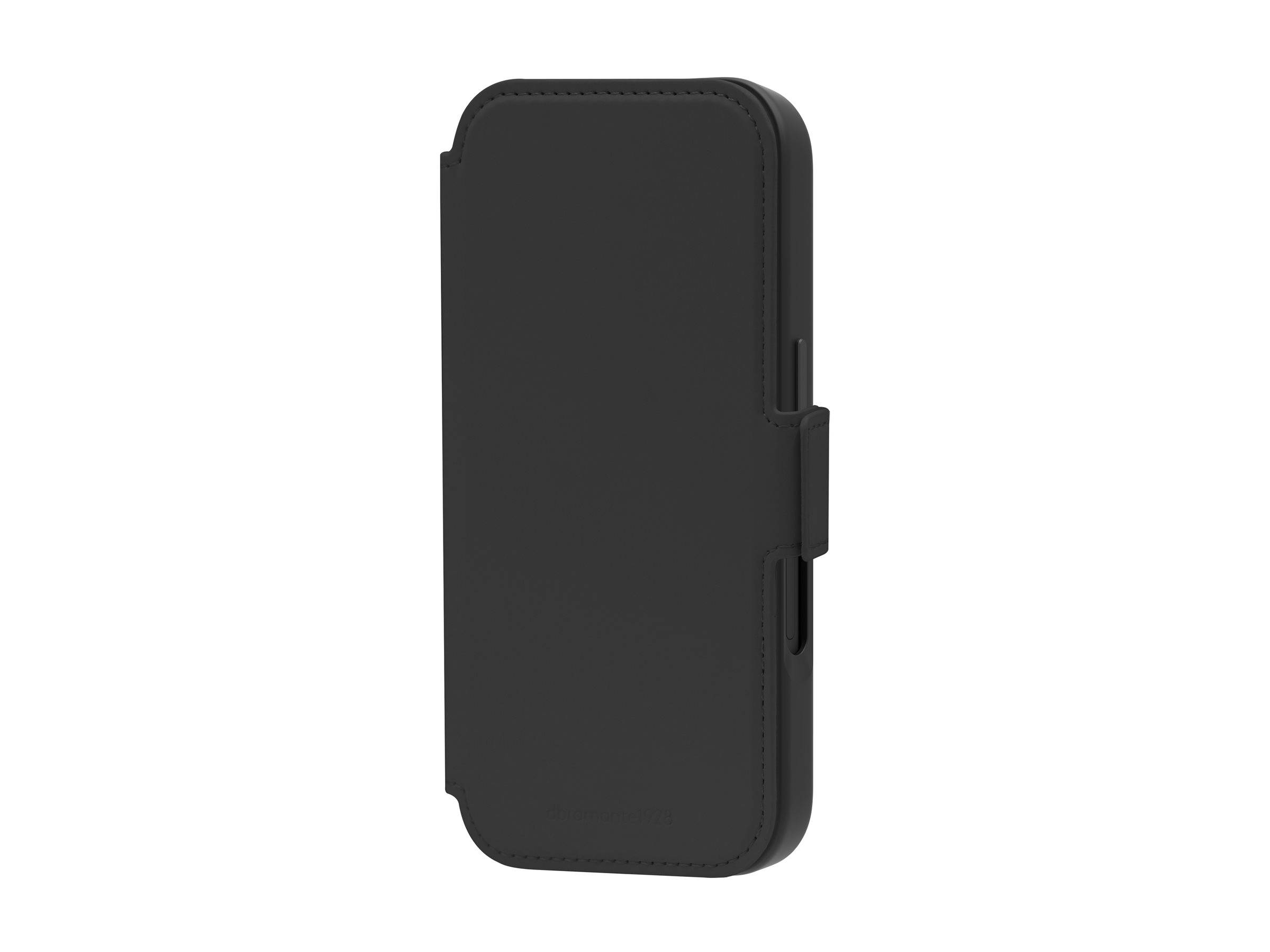 Eine schwarze Handyhülle mit einer vorderen Klappe und sicherer Verschließung, entworfen für Schutz und Eleganz.