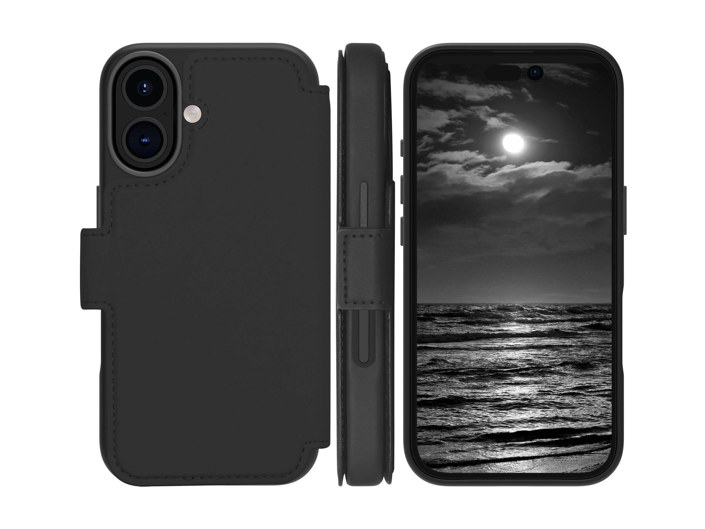 Ein schwarzes Handyhüllengehäuse mit magnetischem Verschluss wird aus drei Winkeln gezeigt, mit einem Smartphone, das eine Schwarzweiß-Ozeanszene anzeigt.