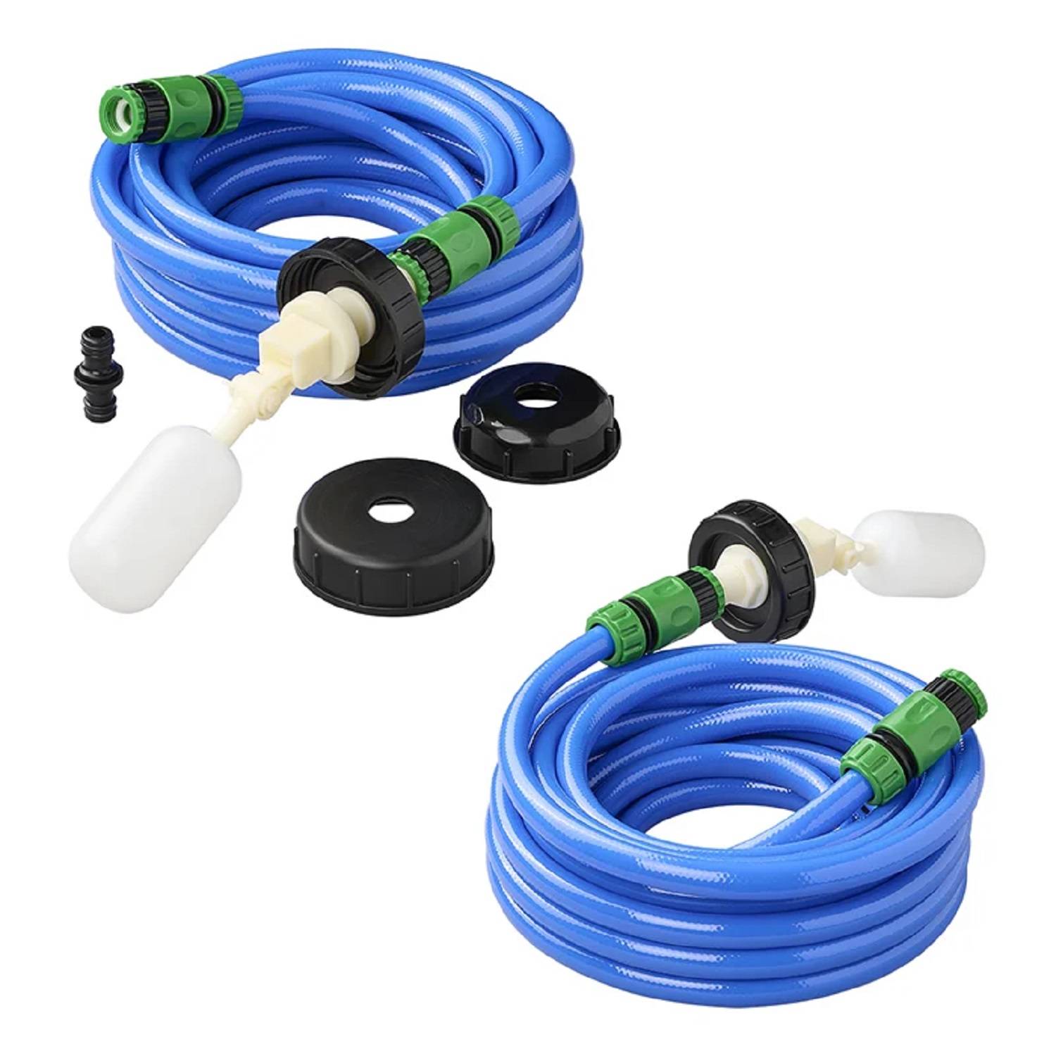 Blauer Automatik-Füllschlauch mit Anschlüssen, Schwimmventil und Adaptern zur Flüssigkeitsübertragung oder Bewässerung. Enthält mehrere Verbindungsstücke.