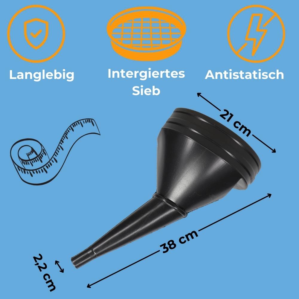 Ein schwarzer Trichter mit einer Länge von 38 cm wird gezeigt. Merkmale sind 'Langlebig' (langlebig), 'Integriertes Sieb' (integriertes Sieb) und 'Antistatisch' (antistatisch).