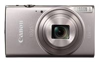Eine silberne Canon IXUS Digitalkamera mit ausfahrbarem Objektiv, die ein kompaktes Design aufweist.