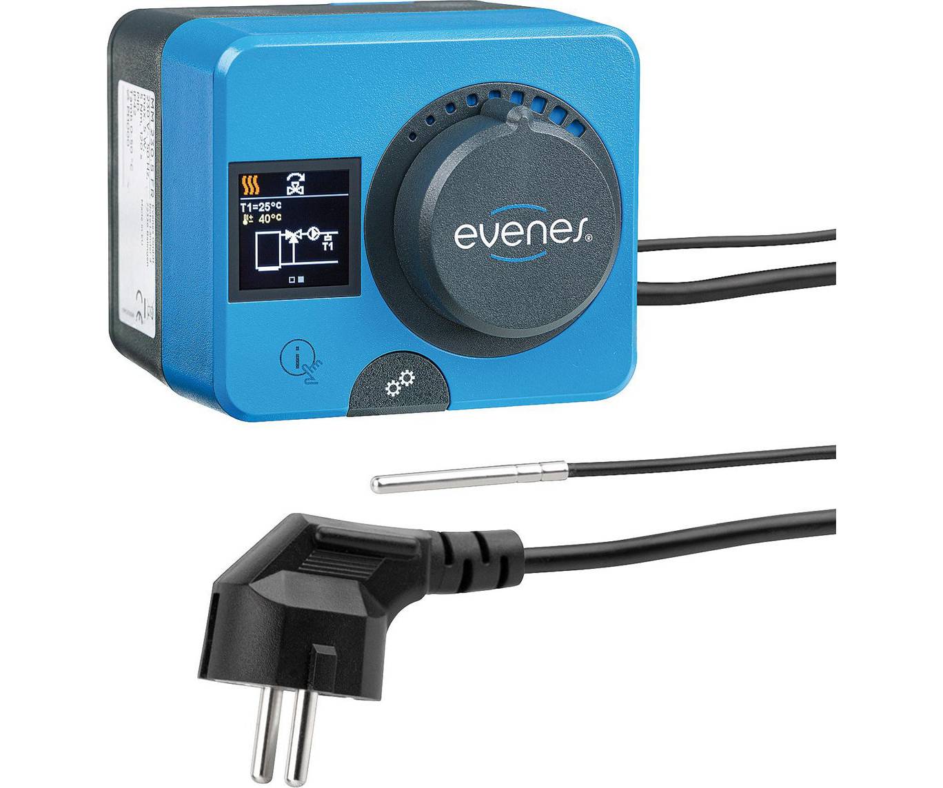 Ein blauer digitaler Thermostat mit schwarzem Zifferblatt und Display, der Temperatureinstellungen und Steuerelemente anzeigt, angeschlossen an einen Stecker und einen Sensor.