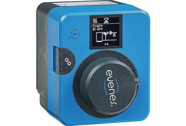 Ein blaues elektronisches Steuergerät mit einem Drehknopf mit der Beschriftung „evelens