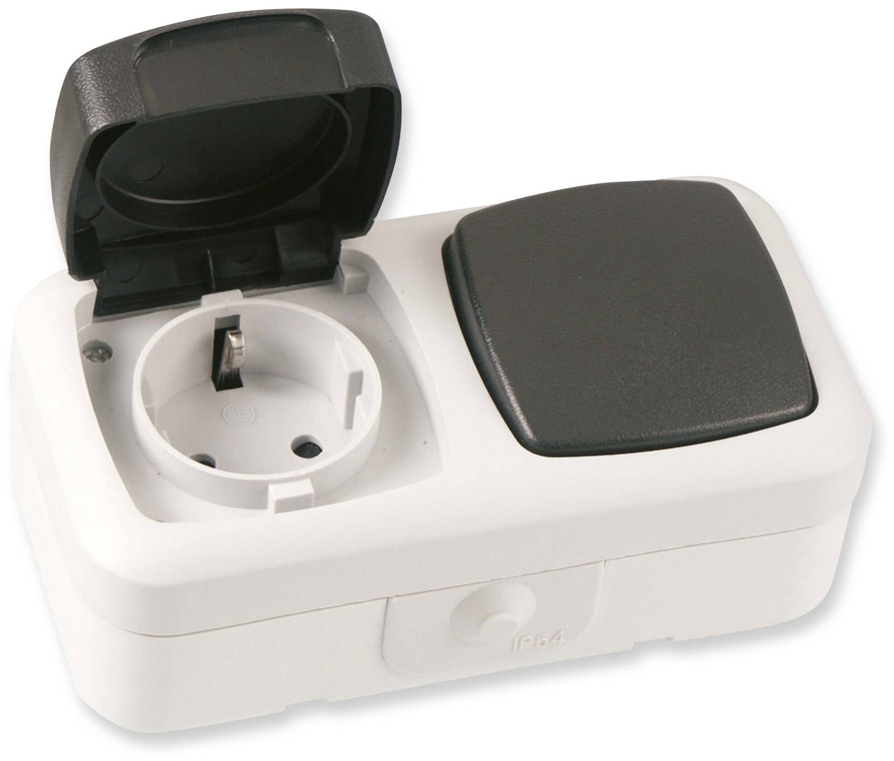 „Weiße elektrische Steckdose mit einer offenen und einer geschlossenen Steckdosenabdeckung, entwickelt für Widerstandsfähigkeit gegen Witterung und mit einer Schutzlasche versehen.