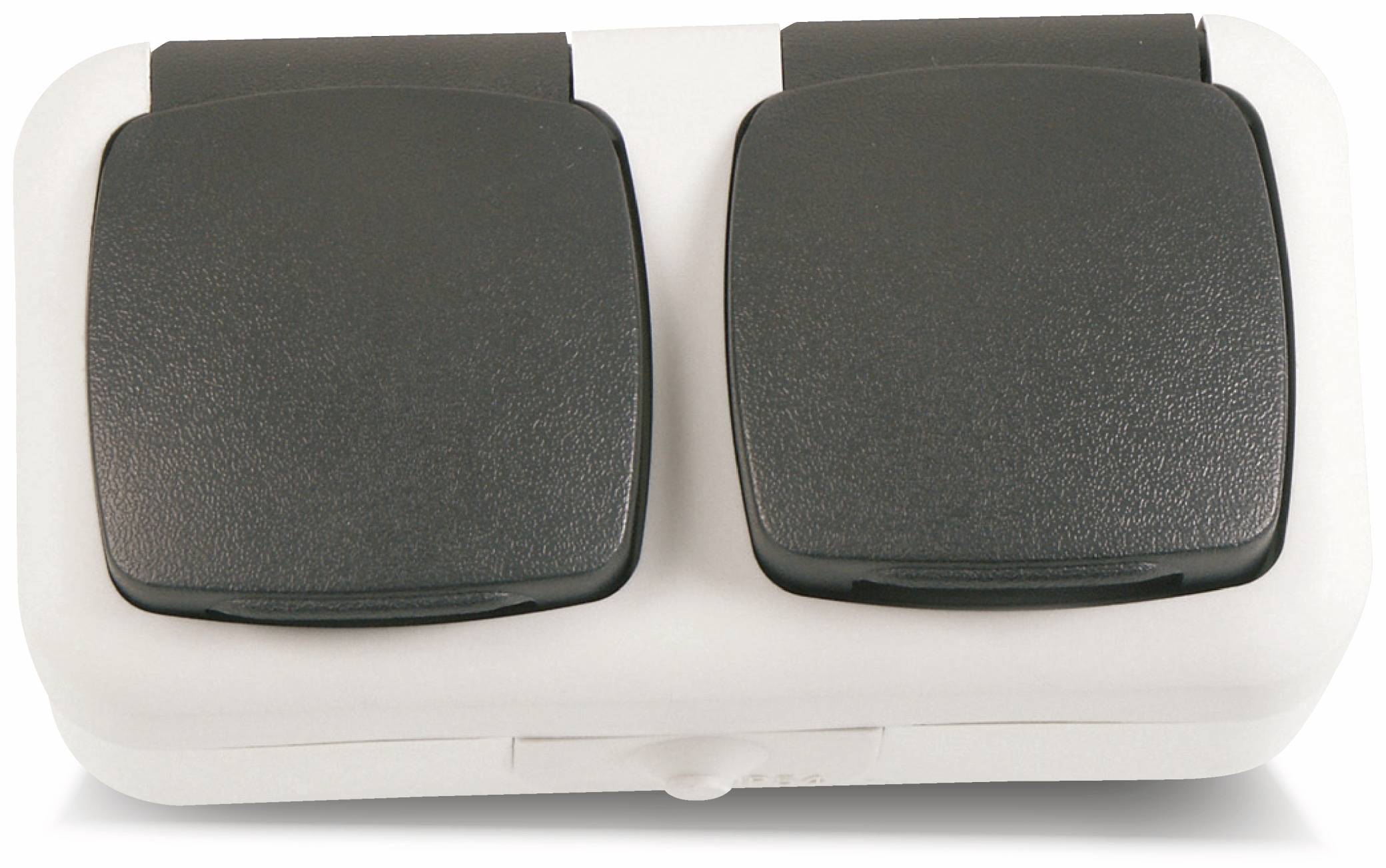 Ein weißes Fußpedal mit zwei schwarzen Pedalen, wahrscheinlich zur Fußbedienung in musikalischer oder elektronischer Ausrüstung verwendet.