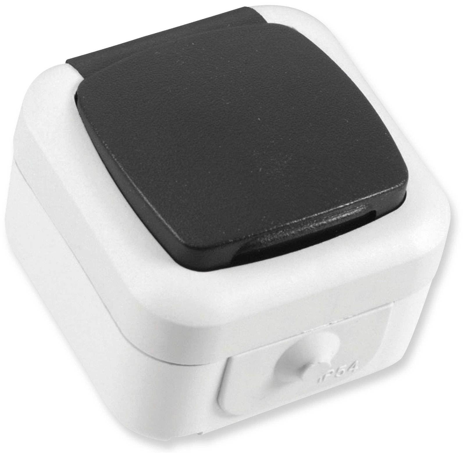 Ein weiß-schwarzer Außenschalter mit Schutzabdeckung, auf der Vorderseite mit „IP54