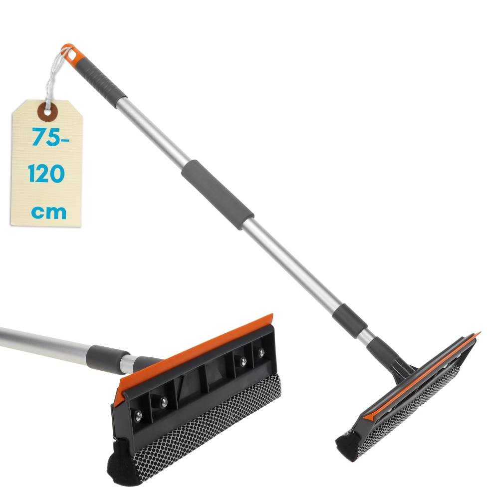 Verstellbarer Abzieher mit orange-schwarzem Kopf, 75-120 cm Länge, geeignet für erweiterte Reichweite bei Reinigungsaufgaben.