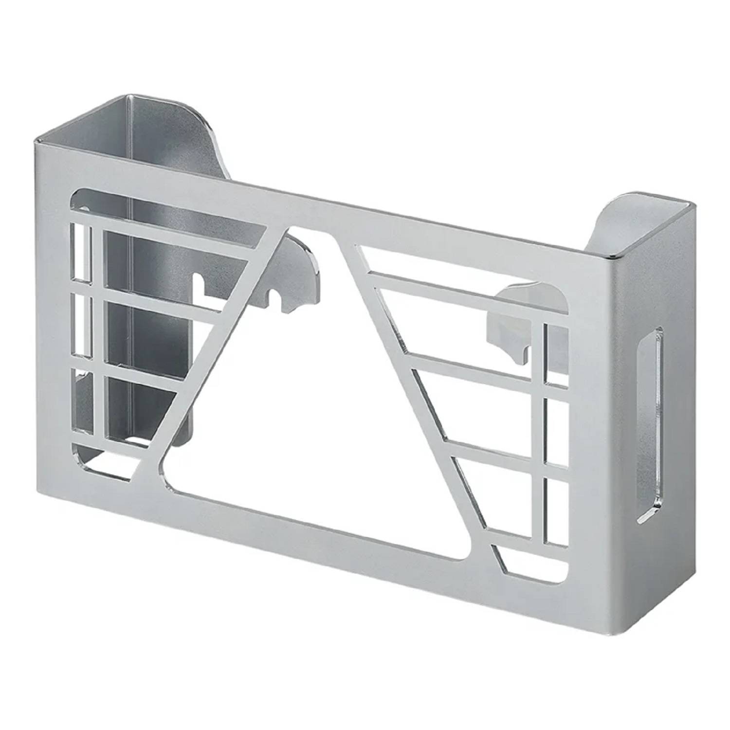 Eine silberne, rechteckige Metallhalterung mit einem geometrischen Ausschnittmuster, entwickelt zur Wandmontage, um Gegenstände sicher zu halten.