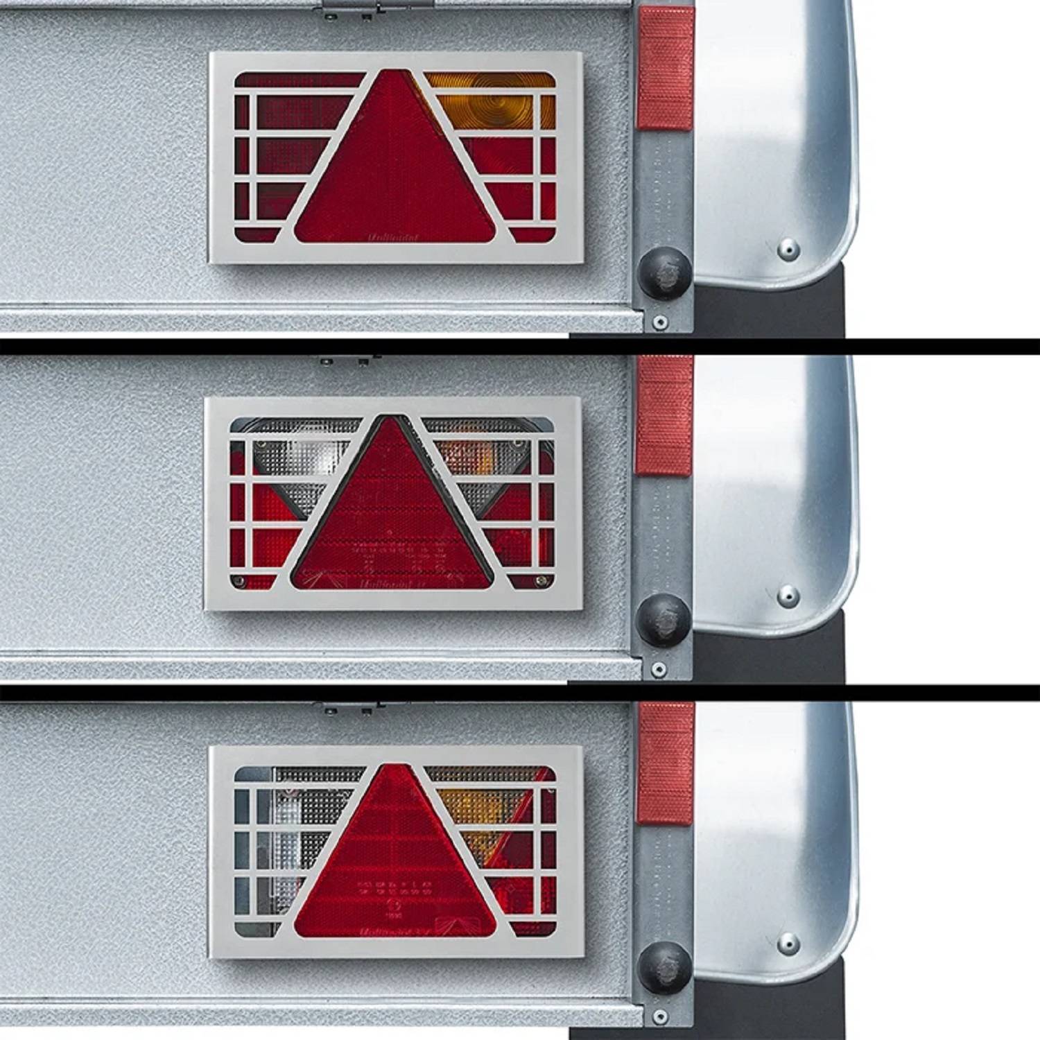 Drei Bilder zeigen eine Anhängerleuchtenabdeckung mit einem dreieckigen Schutzgitter. Das Gitter sieht in jedem Bild leicht unterschiedlich aus.