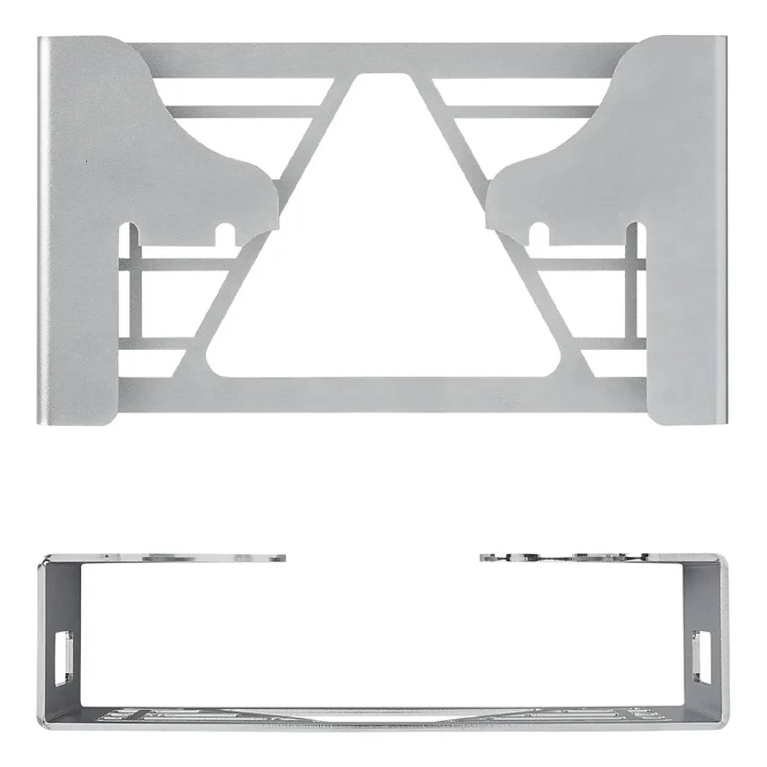 Zwei silberne Metallklammern, eine mit dreieckigen und symmetrischen Ausschnitten und die andere mit einfacher rechteckiger Form.