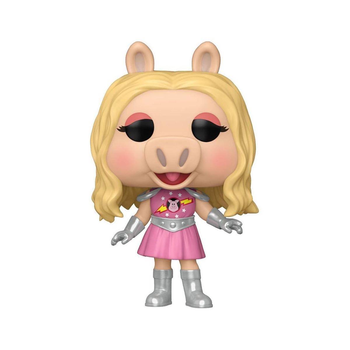 Eine Cartoon-stilisierte Spielfigur mit rosa Kleid, silbernen Stiefeln und blondem Haar, die einer Schweinchenfigur ähnelt, steht mit leicht ausgestreckten Armen.