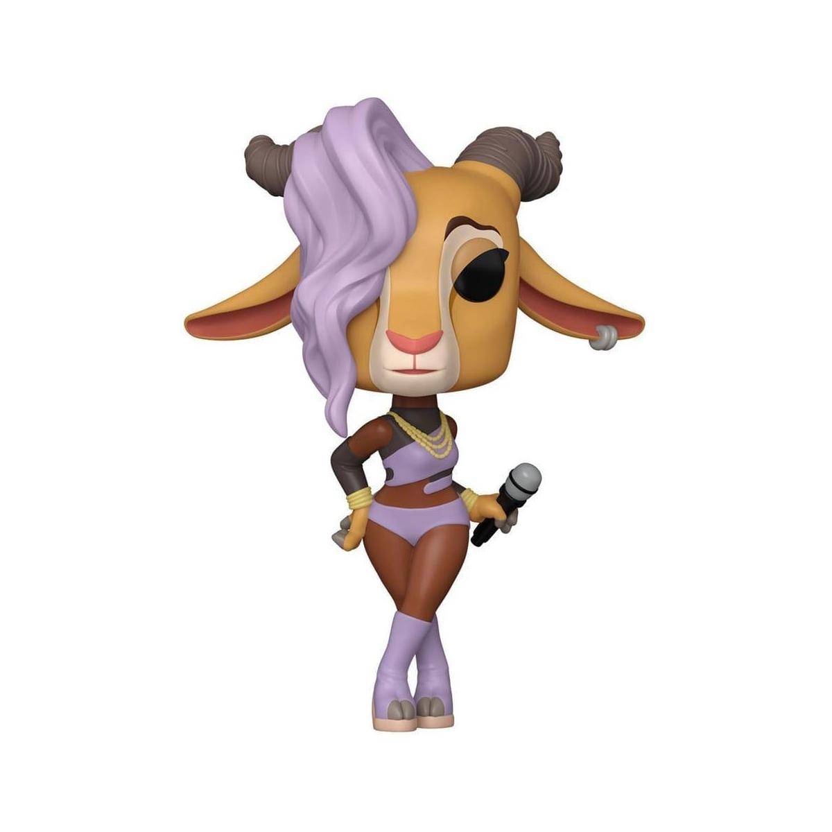 Eine stilisierte Spielzeugfigur einer singenden Ziege in violetter und brauner Kleidung, die ein Mikrofon hält und eine selbstbewusste Pose einnimmt, die eine musikalische Aufführung zeigt.