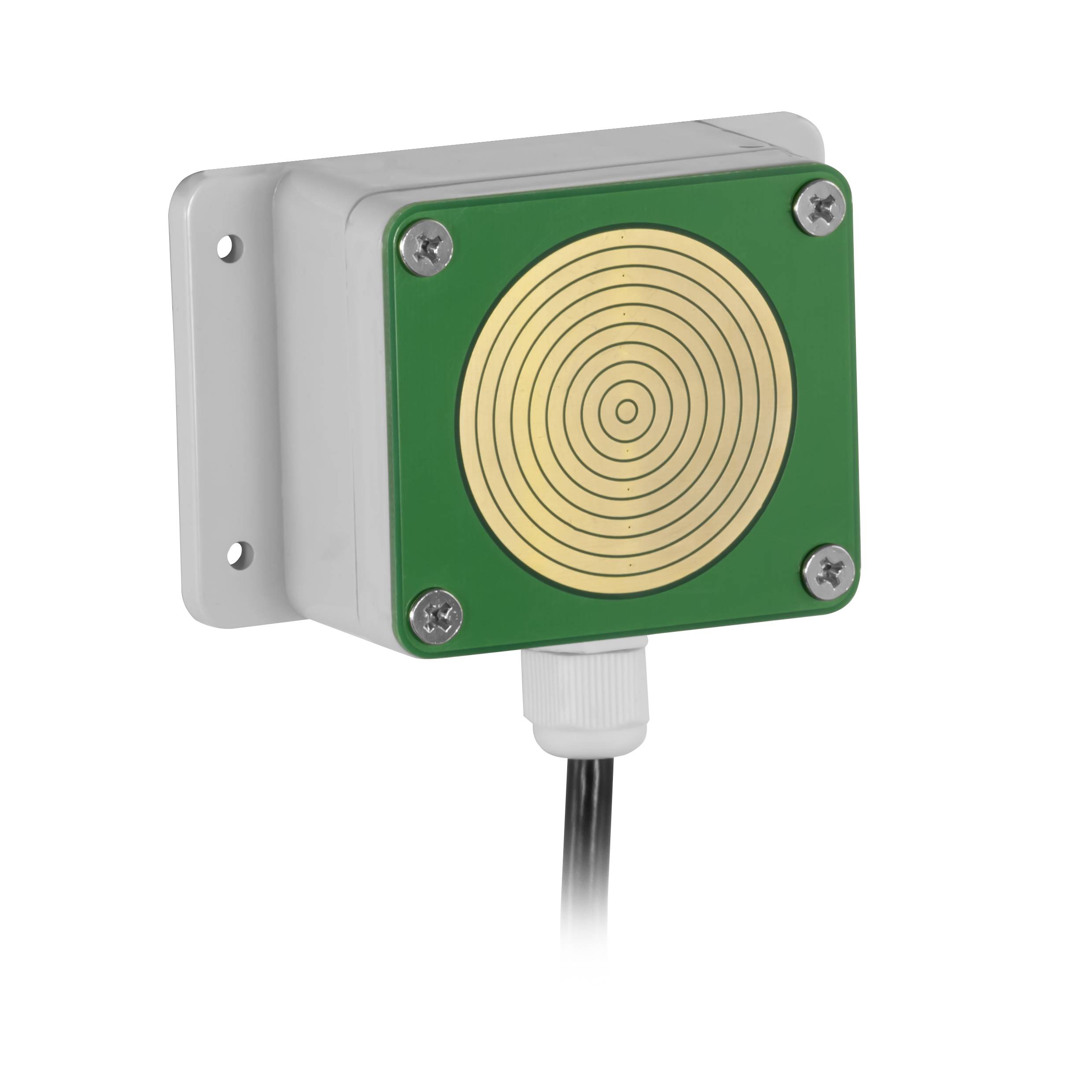 Ein grün-weiß rechteckiger Knopf mit einem zirkulären, konzentrischen Design auf einer Befestigungsplatte. Es hat Kabel, die sich von unten erstrecken.